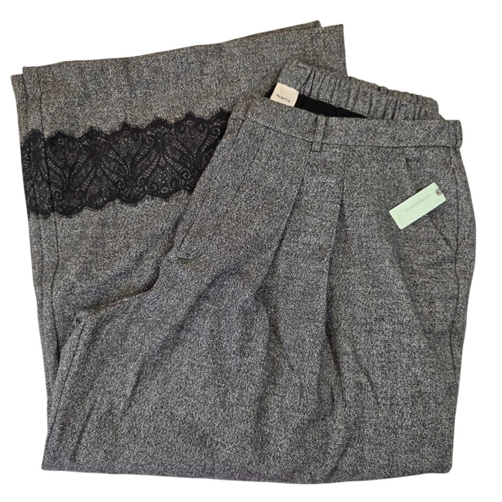 Maeve Anthropologie 3X The Avery Wide Leg Pants Grey Wool Blend Tweed Lace Hem